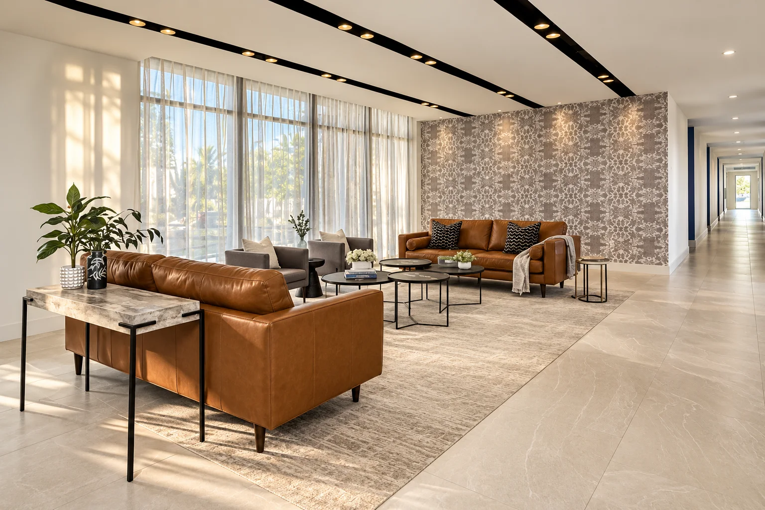Brisas Del Este — Shared lounge with warm leather seating and feature wall