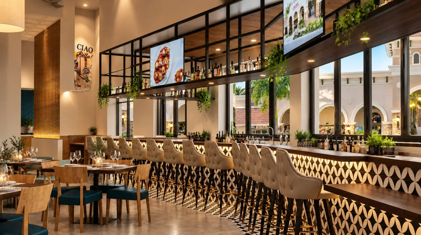 Cucina Moderna — Restaurant bar with timber detailing and open kitchen