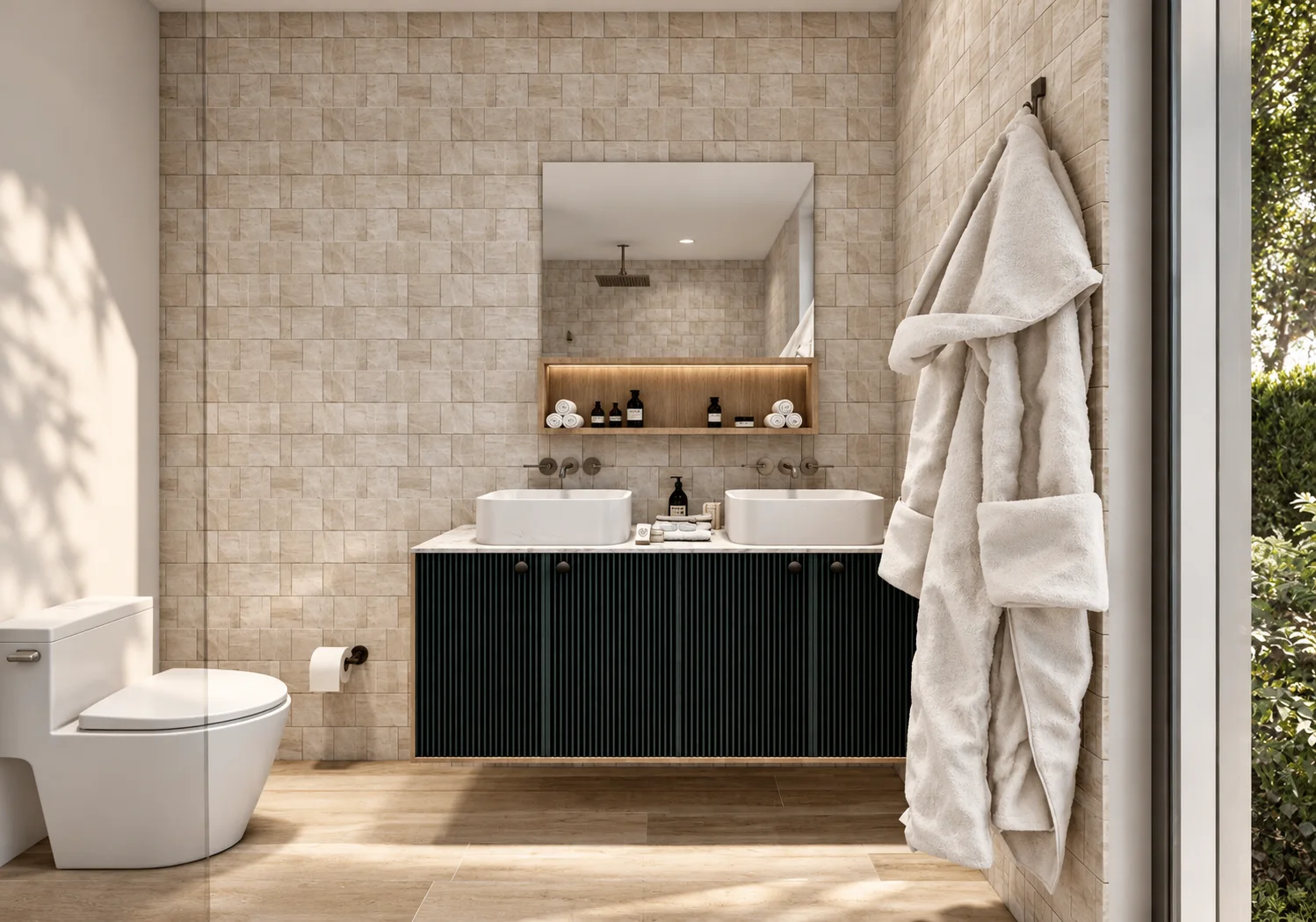 Stillwater — Bathroom with dark vanity and textured wall (rendering)
